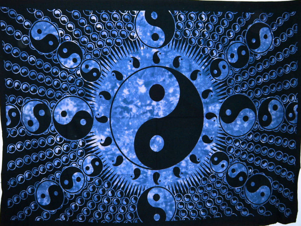 Tie Dye Fractal Yin Yang Tapestry -Blue