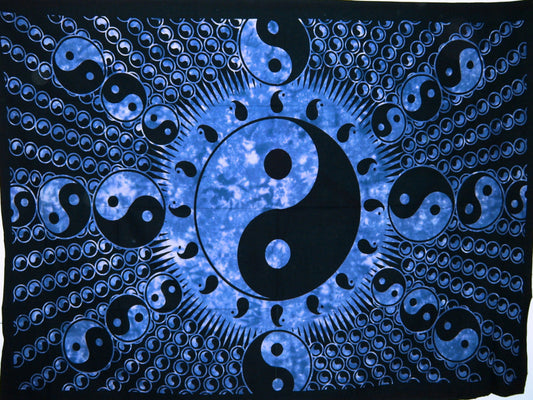 Tie Dye Fractal Yin Yang Tapestry -Blue